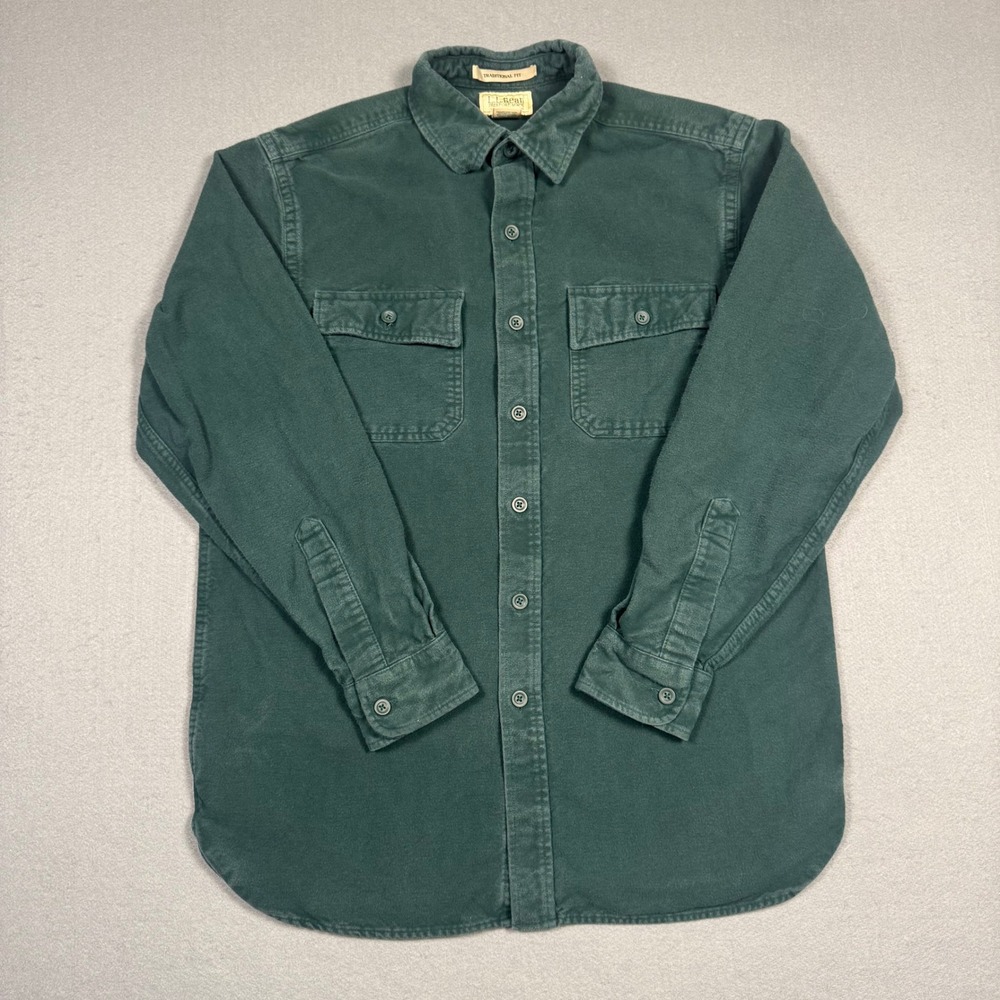 LL Bean Chamois Cloth Shirt Mens Medium Green Cotton Flannel Button Up 187923